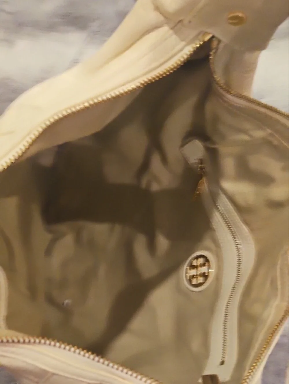 Tory Burch Cream Leather Shoulder Hobo with Gold Logo